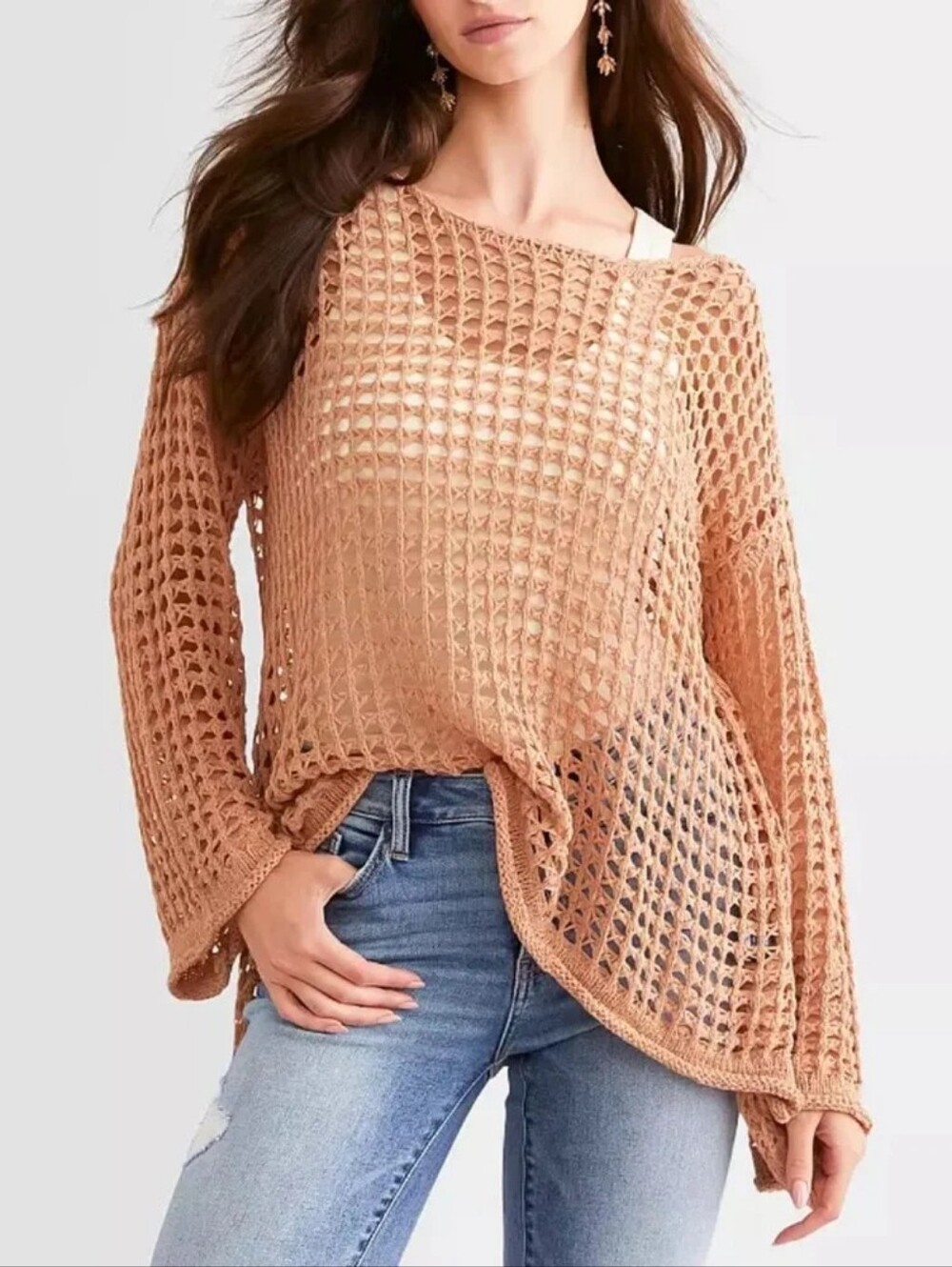 POL Crochet LS Open Knit Sweater Coverup Top Coral Peach Salmon Orange Lg